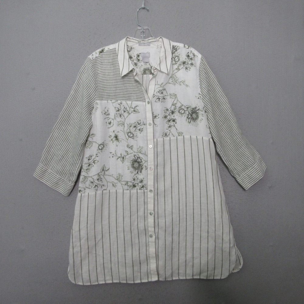 Chicos Top Tunic Linen Floral Striped Coastal Beachy Garden Lagenlook Flowy